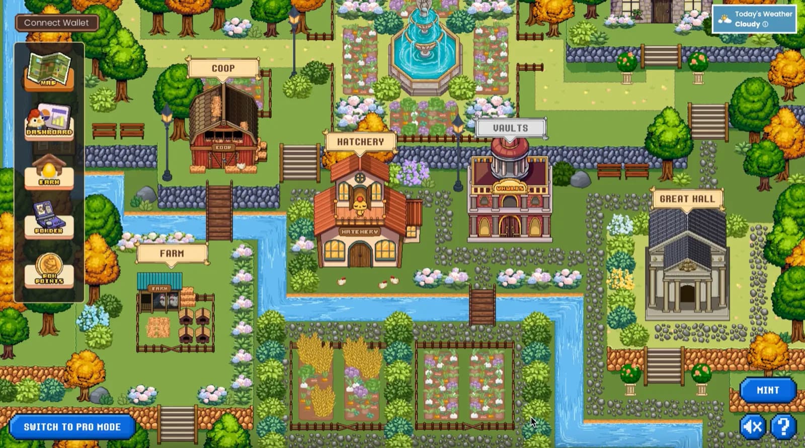 Pokville, the hub map - the protocol laid out as a town, with the Hatchery, Coop, Farm, Vaults and Great Hall as separate buildings users navigated between