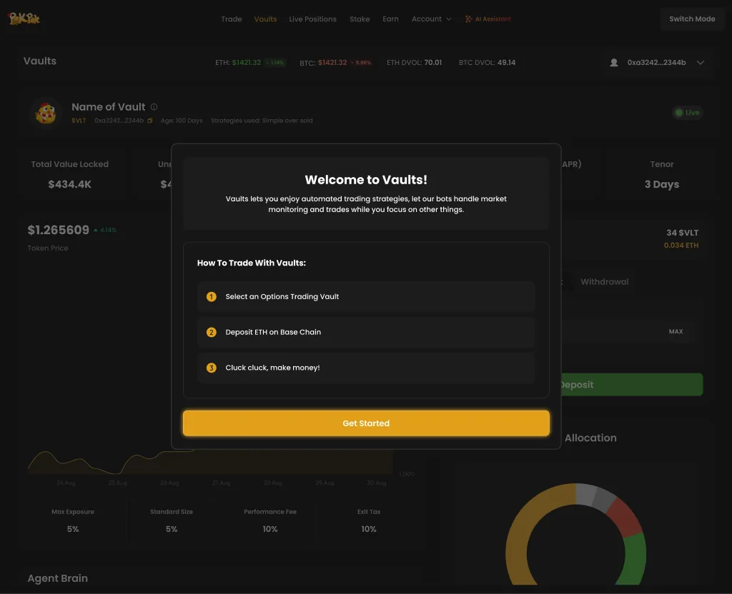 The Vaults inside Pro Mode - an agentic options trading solution with total value locked, APR, tenor and allocation