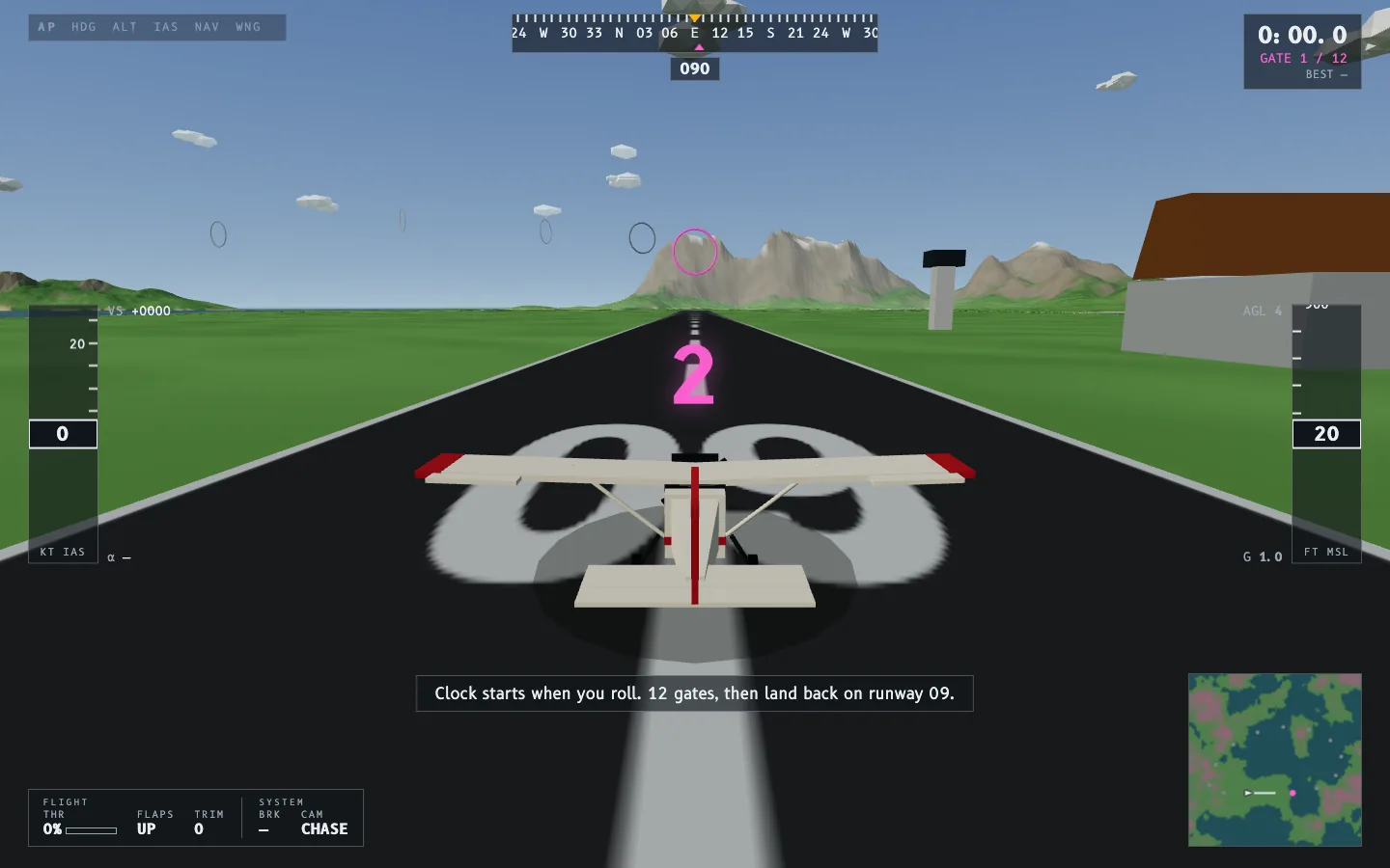 Ring race countdown on runway 09, with the first gate ahead and a 12-gate course brief